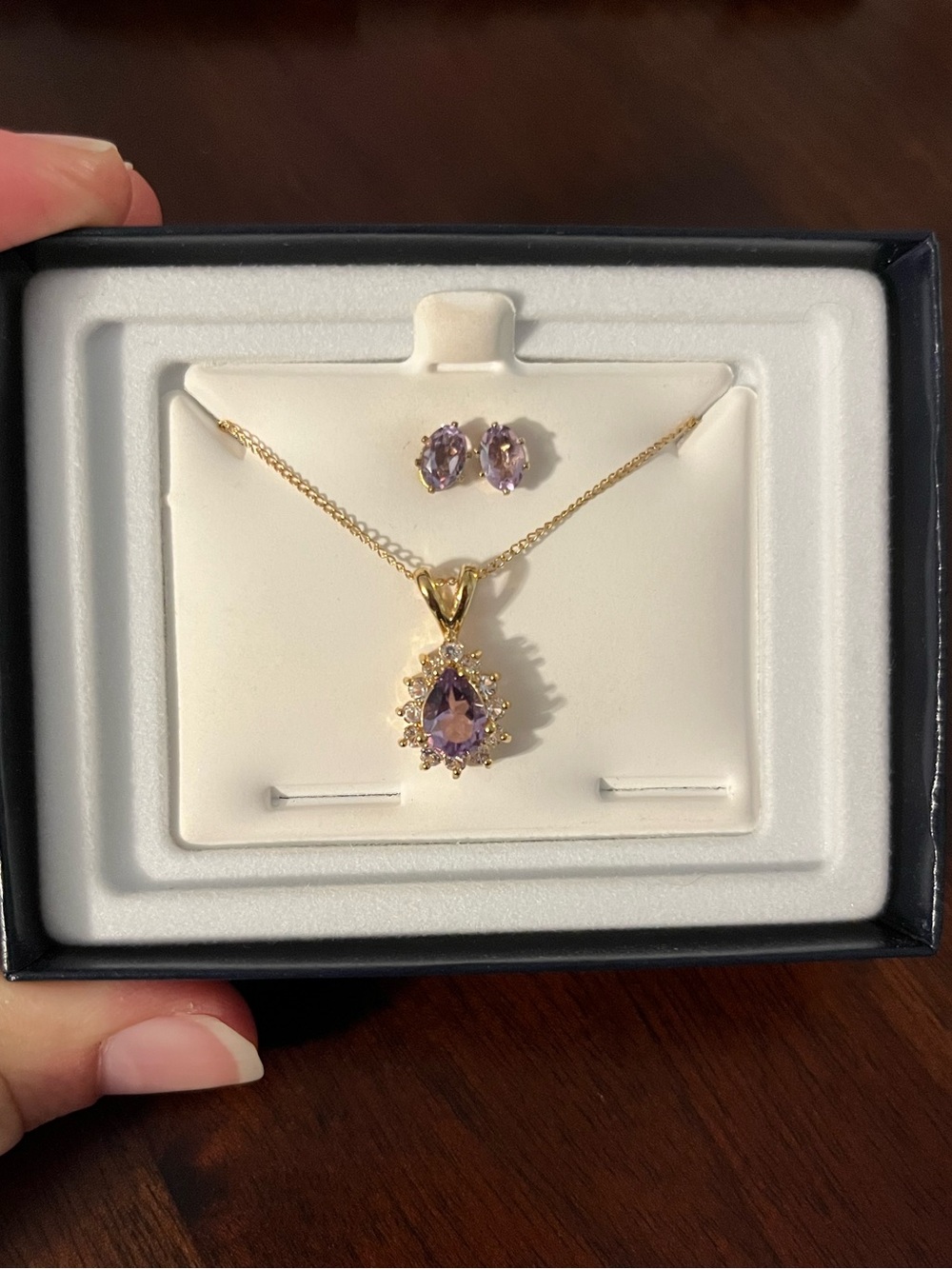 14k Gold filled Necklace and Stud Earrings Set with genuine amethyst